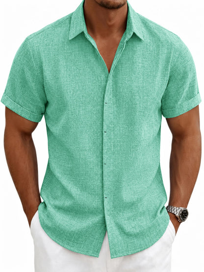 HOTMens Linen Shirts Short Sleeve Casual Shirt Button Down Summer Beach Vacation Tops Men Casual Dress Shirts Breathable