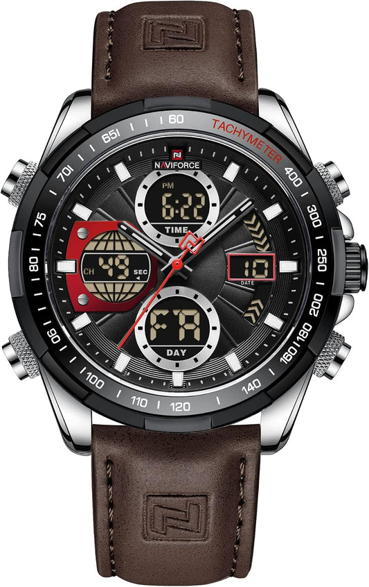 HOTNAVIFORCE Men's Military Digital Watches Analog Quartz Waterproof Watch Sport Multifunctional Leather Wristwatch