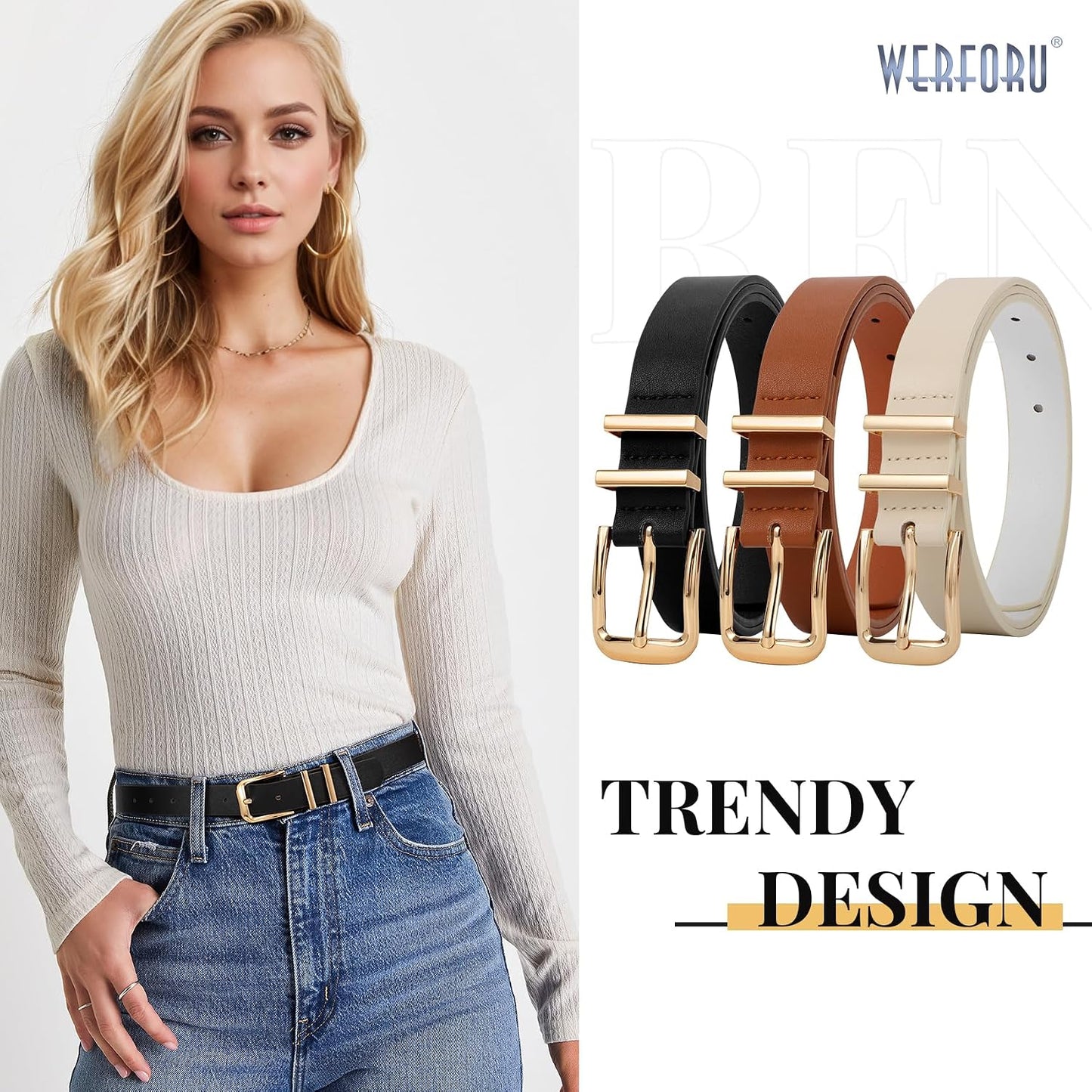 HOTWERFORU 3 PACK Women Belt Women Fashion Leather Belts for Jeans Pants Ladies Belts with Gold Buckle