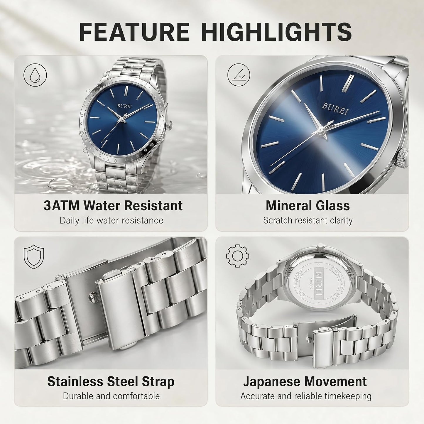 HOTBUREI Men's Wrist Watch, Analog Stainless Steel Dress Waterproof Quartz Watch for Men with Japanese Movement,Refined Gifts for Men, Boyfriend, Husband, Dad