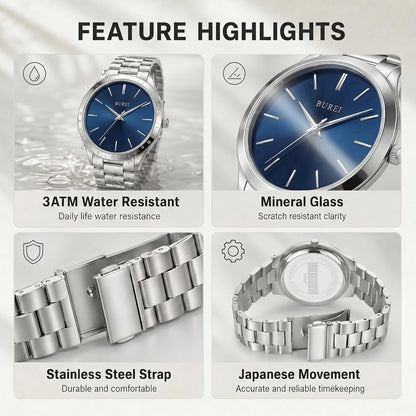 HOTBUREI Men's Wrist Watch, Analog Stainless Steel Dress Waterproof Quartz Watch for Men with Japanese Movement,Refined Gifts for Men, Boyfriend, Husband, Dad
