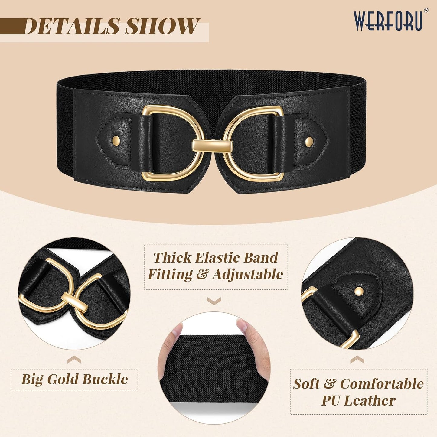 HOTWERFORU Women Elastic Wide Waist Belts for Dresses Fashion Wide Stretchy Belts for Women Big Gold Buckle Thick Dress Belt