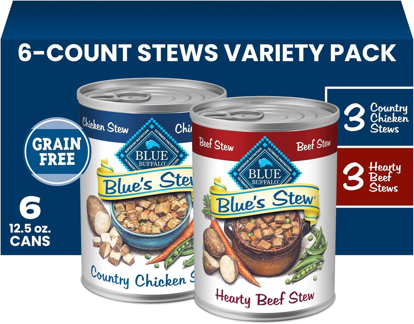 HOTBlue Buffalo Blue’s Stew Variety Pack Hearty Beef & Country Chicken Stew Natural Grain Free Wet Dog Food with Real Meat in Thick Savory Gravy, Natural Ingredients, 12.5-oz Cans (6 Count)