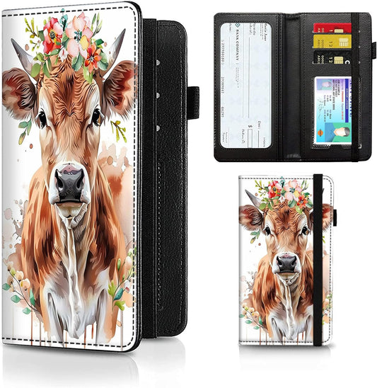 HOTCheckbook Cover for Men Women PU Leather Slim Check Book Holder Covers Wallet Case with Card Slots Duplicate Checks Card Pen Holder with RFID Blocking & Elastic Strap,Watercolor Floral Cow