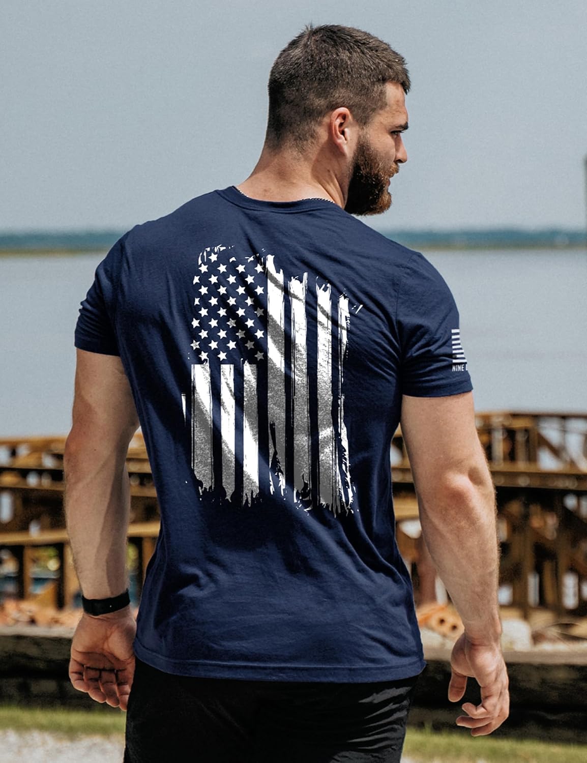 HOTNine Line American Flag T-Shirt for Men, USA Made Patriotic Shirt | Military Veteran Shirt, Freedom Shirt, 9 Line Apparel, America