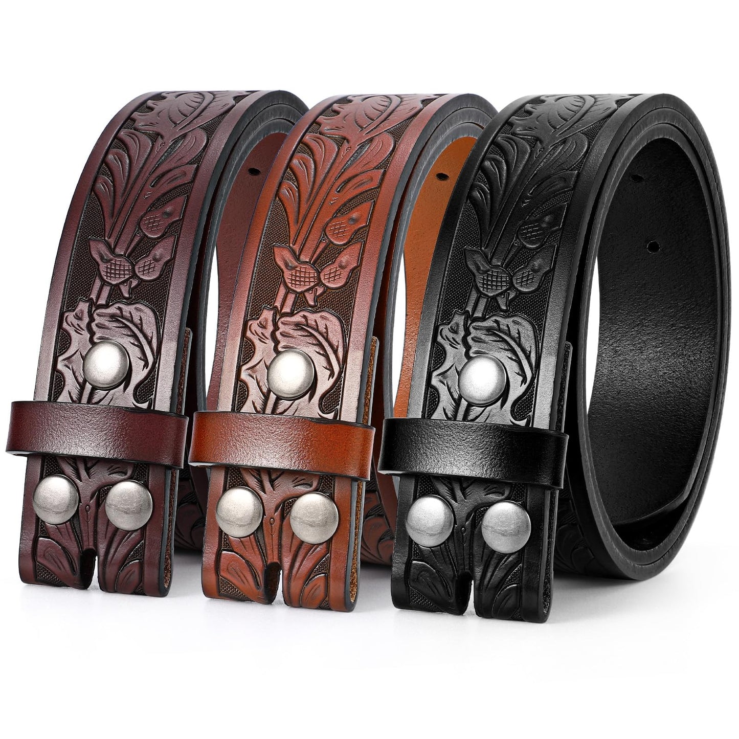HOTSANSTHS 3 Pack Western Belts for Men Woman without Buckle, Cowgirl Cowboy Belt for Buckle Western Leather Belt for Jeans | Embossed Genuine Leather, 1.5" Wide Belt, 3 Snap Buttons, Classic Cowboy Style, for Western buckle Rodeos Costume Party Gifts