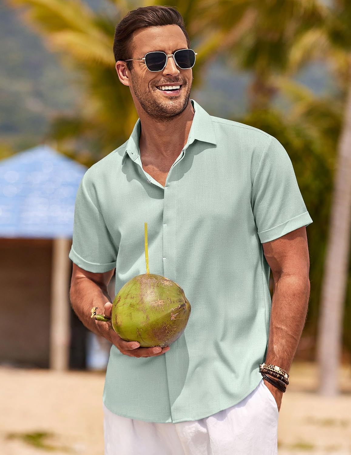 HOTCOOFANDY Men's Linen Shirts Short Sleeve Casual Shirts Button Down Shirt for Men Beach Summer Wedding Shirt