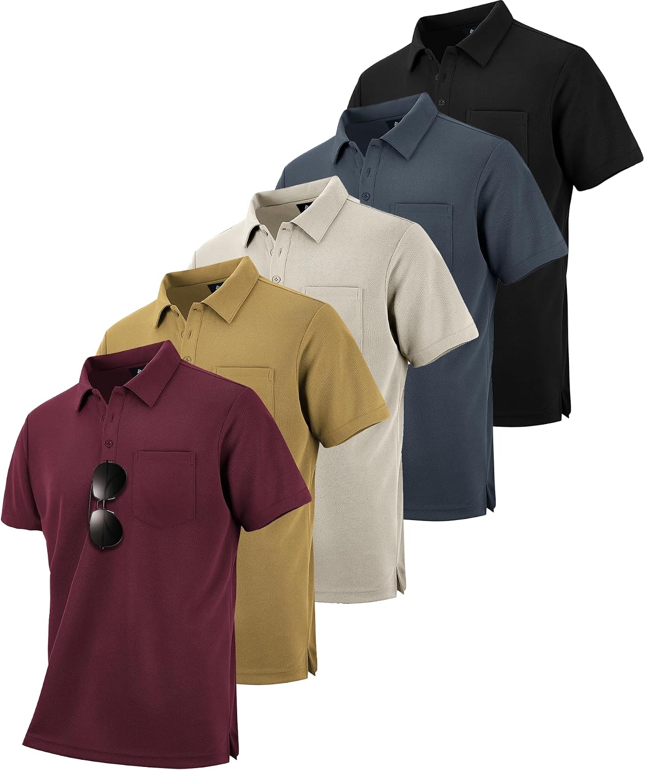 HOTSCODI 5 Pack Mens Pocket Polo Shirts Short Sleeve Multipack Golf Shirt for Men Moisture Wicking Casual Athletic Work T-Shirts