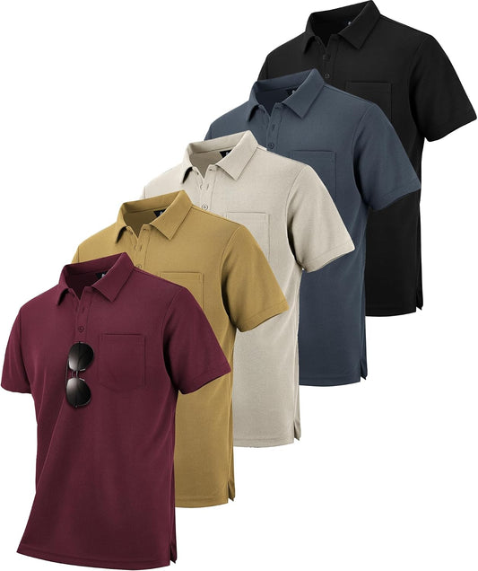 HOTSCODI 5 Pack Mens Pocket Polo Shirts Short Sleeve Multipack Golf Shirt for Men Moisture Wicking Casual Athletic Work T-Shirts