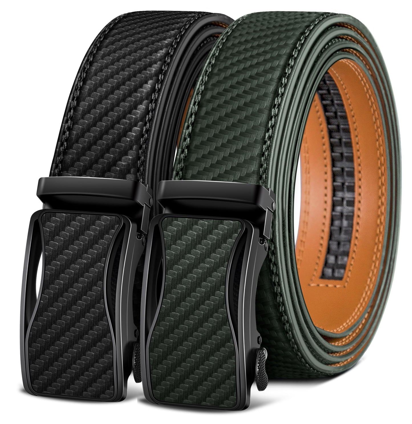 HOTKEMISANT Men's Ratchet Leather Belt 2Pack-Trimmable 1 3/8“-Gift Boxed | Smooth Sliding | Micro Adjustable Fit | Tailored Size | Holeless Understated Elegance