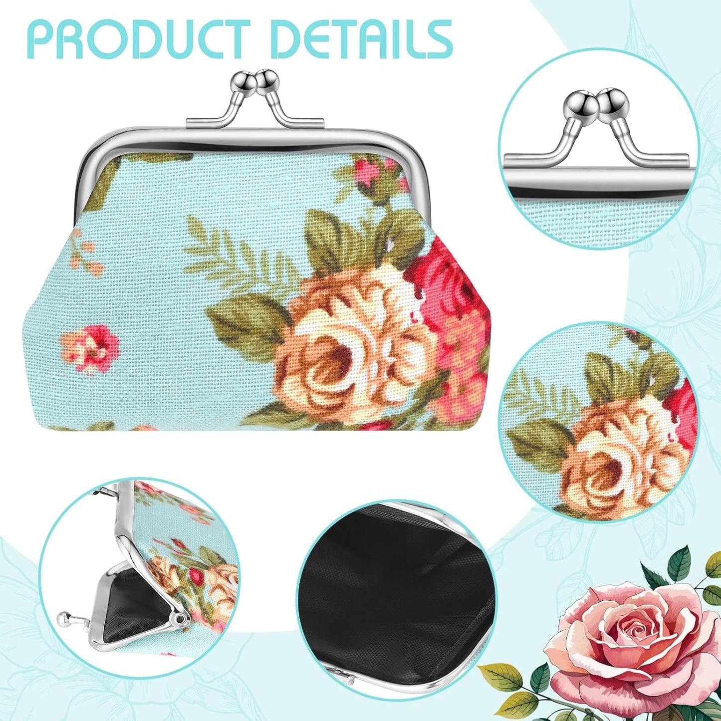 HOT48 Pcs Vintage Canvas Floral Kiss Lock Coin Purses Bulk Rose Flower Change Wallets Gifts for Mother Day Women(4 x 3 Inch)