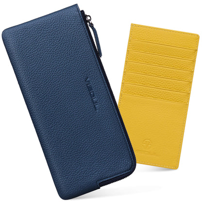 HOTVISOUL Long Zipper Cash Wallet for Women with Removable Credit Card Holder Soft Genuine Pebbled Leather Contrast Color-Lake Blue and Pearl