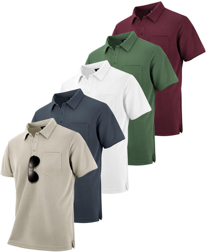 HOTZITY 5 Pack Polo Shirts for Men with Pocket Dry Quickly Short Sleeve Athletic Outdoor Work Collared Shirts
