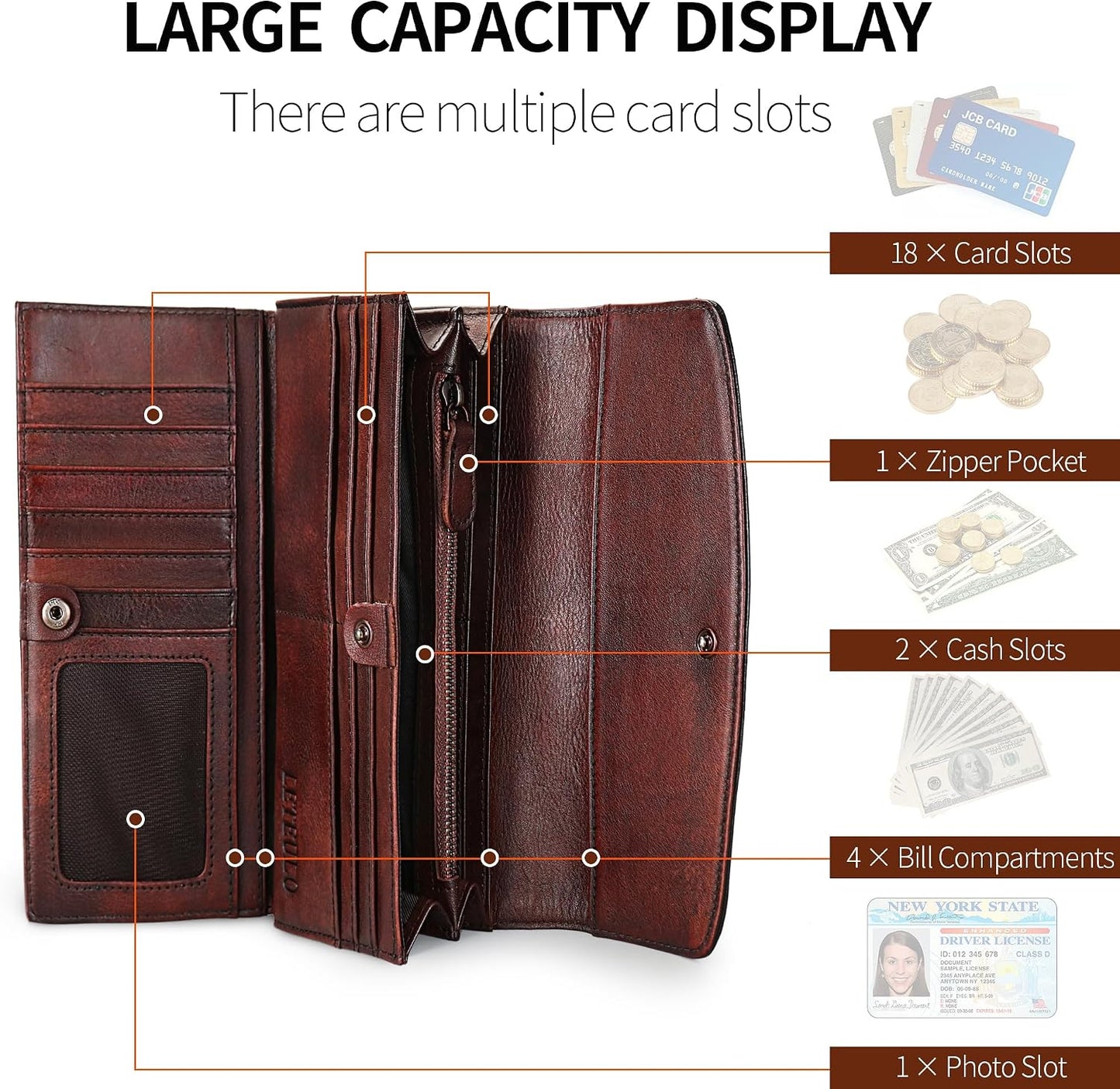 HOTWallets for Women Large Capacity Leather Clutch Wallet Card Organizer Women's Purse