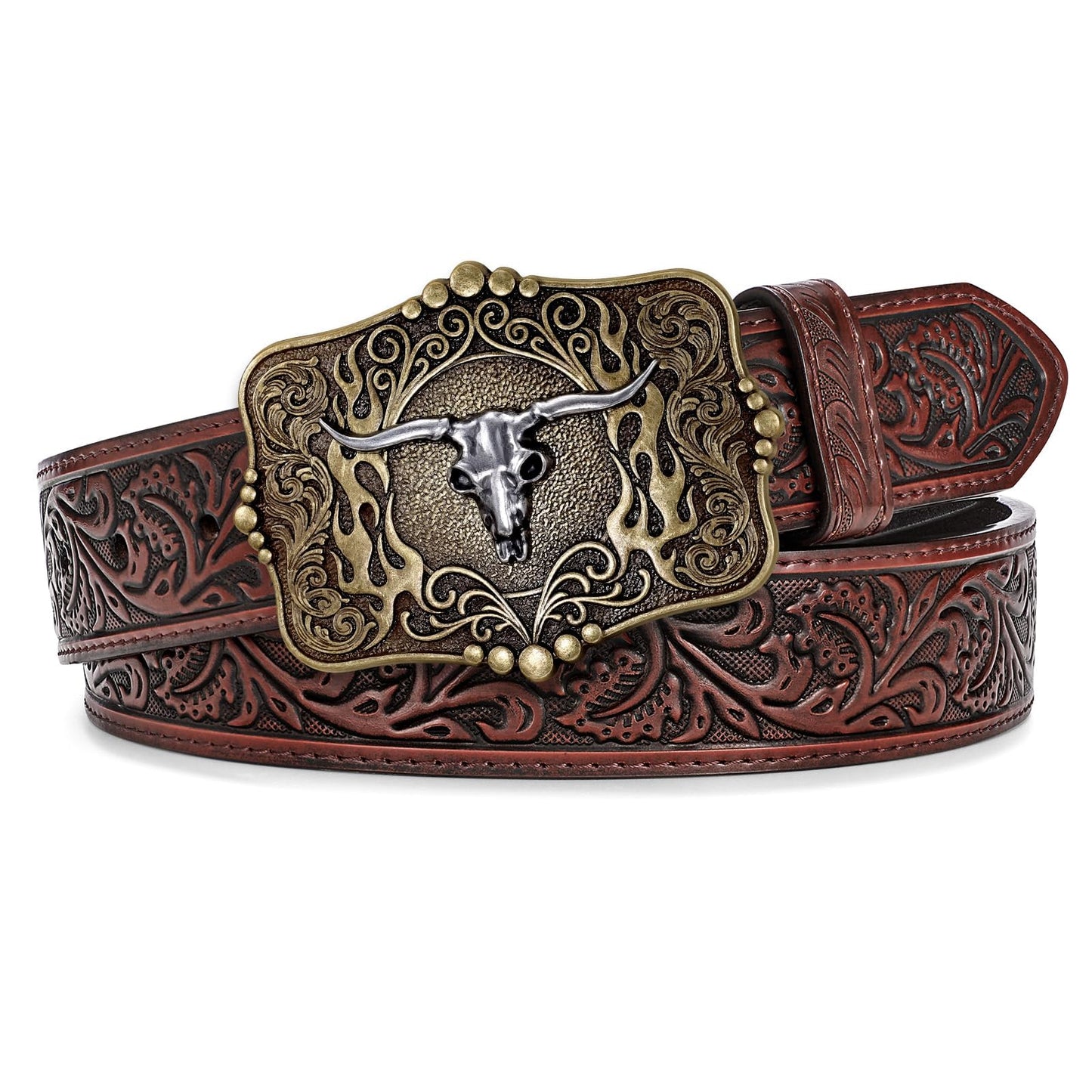HOTCowboy Cowgirl Belt Western Belts for Men Women Floral Engraved Longhorn Bull Buckle Belt for Jeans