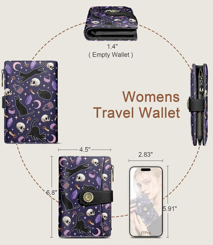 HOTGoth Black Cat Wallet Women RFID Skull Passport Credit Card Holder | Travel billfold, Zipper Coin Pocket, PU Leather, Clutch, Cash Purse, 1 ID Window, Ticket, Pen Holder, Gift for Ladies Girls