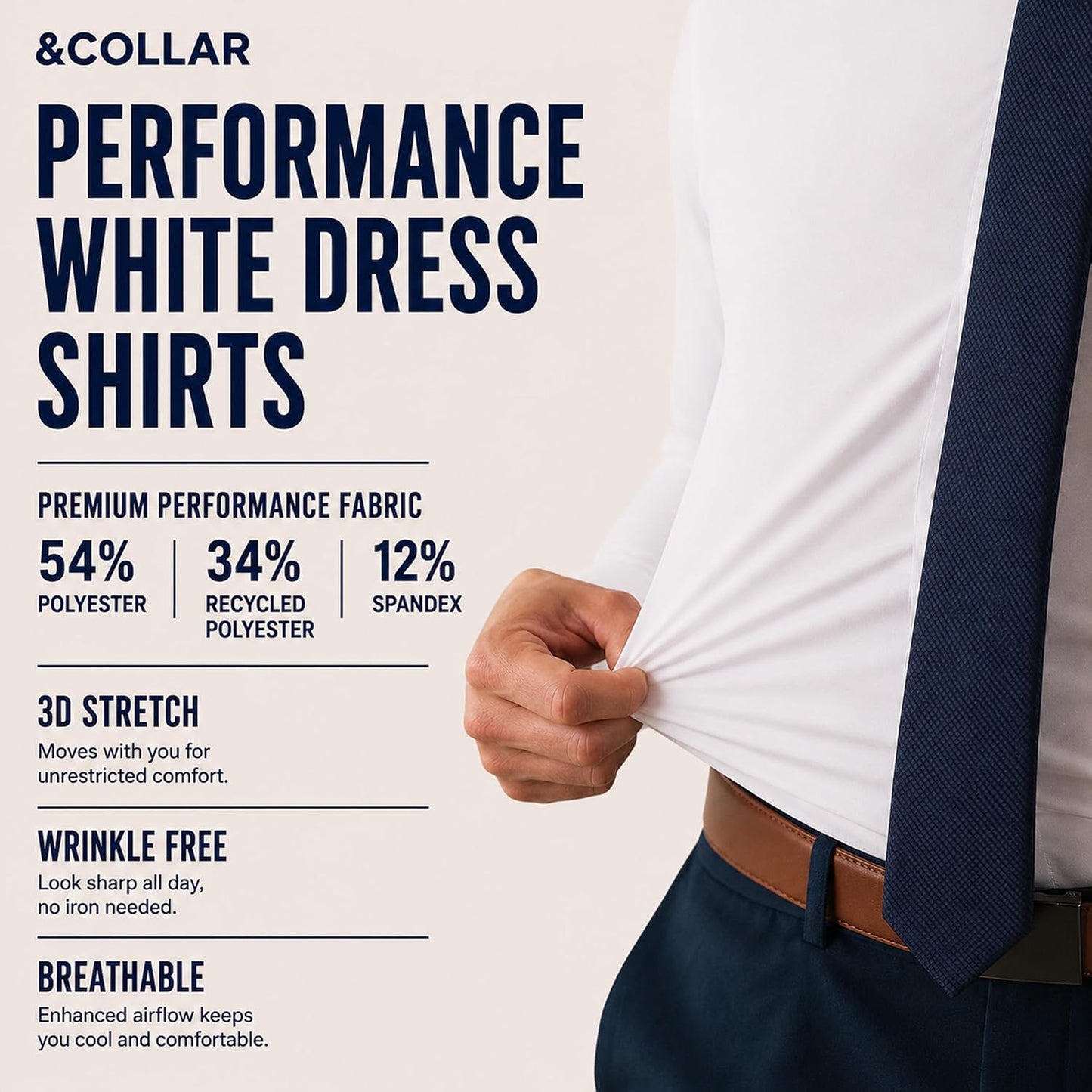 HOT&COLLAR Mens Long Sleeve White Dress Shirt, Slim and Athletic Fit | 4 way stretch, wrinkle resistant, breathable, recycled fabric blend, machine washable, office and church ready