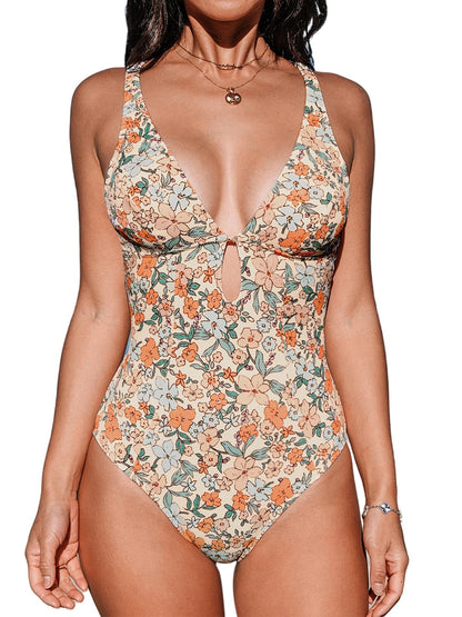 HOTCUPSHE Women's One Piece Swimsuit Deep V Bathing Suit Ring Back | Adjustable Straps, Removable Soft Cups, Open Back, O-Ring Detail, Textured Fabric, Keyhole Cutouts, Standard Coverage