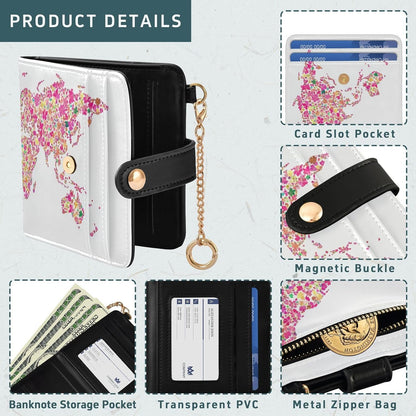 HOTWomen Wallet RFID Blocking World Map Pink Floral Small PU Leather Ladies Compact Wallets for Females Bifold Card Holder with ID Window for Credit Card, Cash, Travel