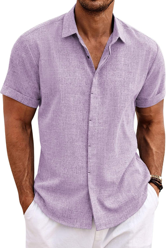 HOTCOOFANDY Men's Linen Shirts Short Sleeve Casual Shirts Button Down Shirt for Men Beach Summer Wedding Shirt