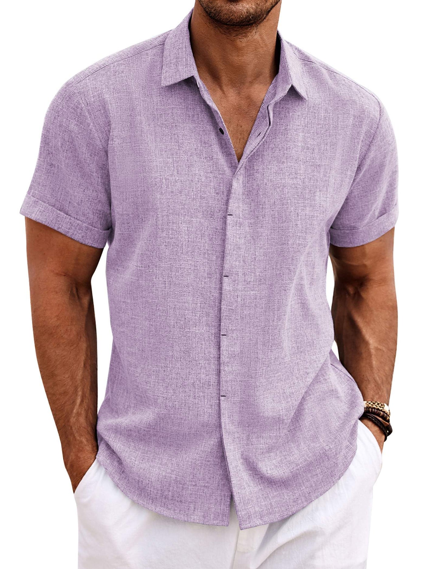 HOTCOOFANDY Men's Linen Shirts Short Sleeve Casual Shirts Button Down Shirt for Men Beach Summer Wedding Shirt