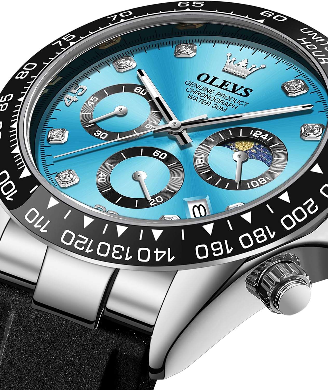HOTOLEVS Men Analog Quartz Waterproof Watches Multifunction Chronograph Diamond Moon Phase Luminous Silicone Band Wrist Watches