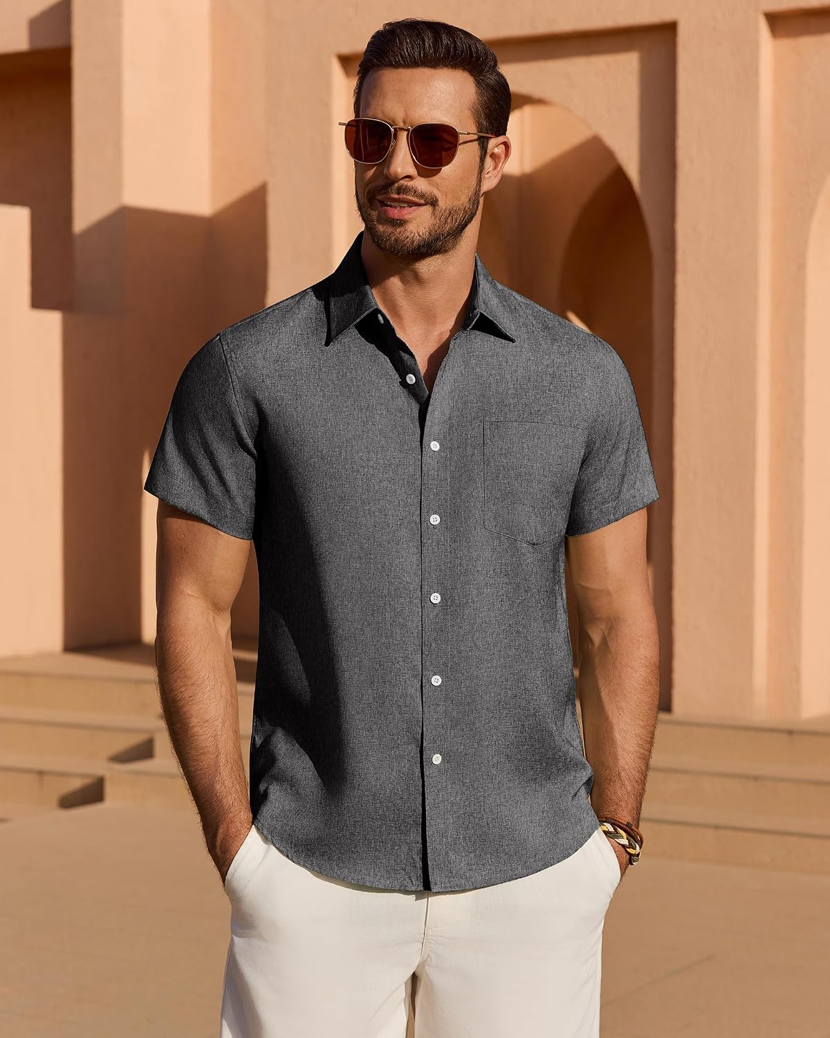 HOTMens Linen Shirt Short Sleeve Wrinkle Free Casual Untucked Button Down Shirts Beach Breathable Tops Summer