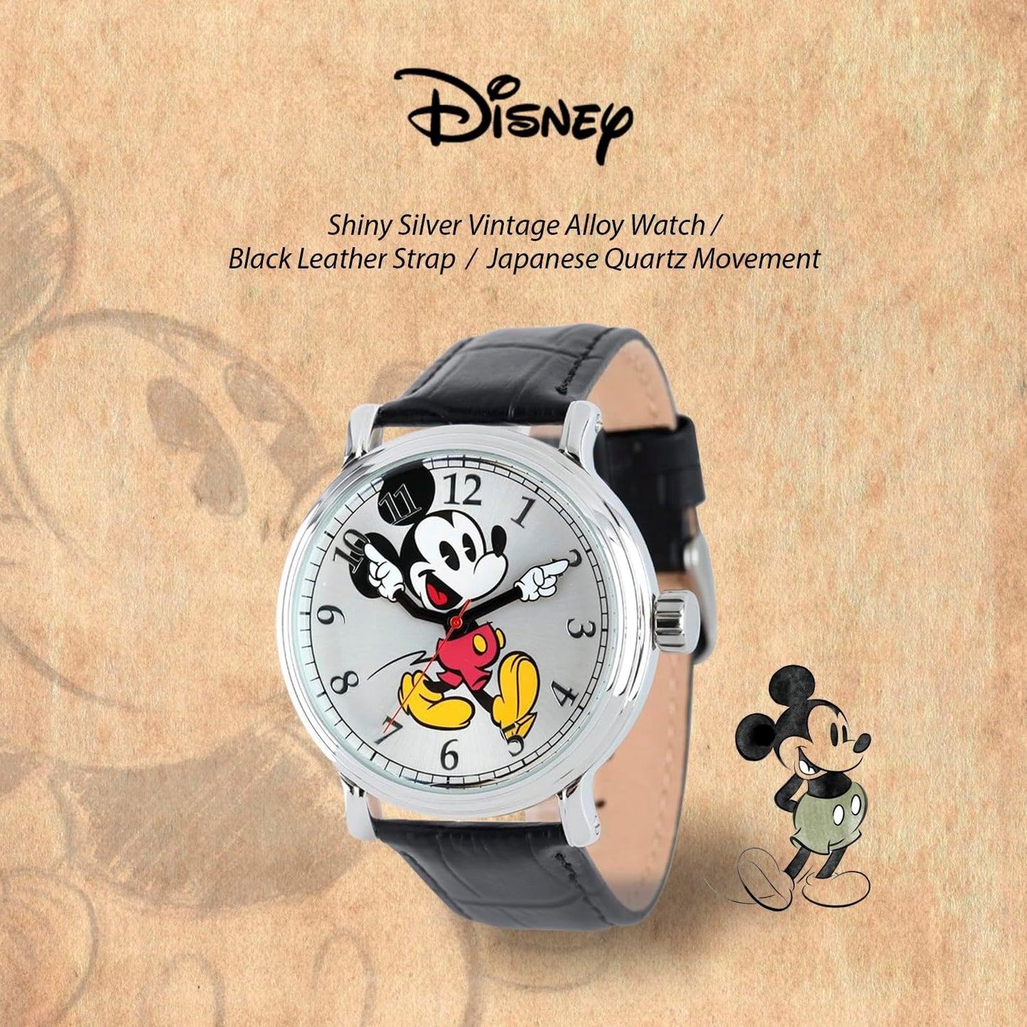 HOTFull Color Mickey Mouse Head Silhouette Watch for Men \u2013 Iconic Mickey Mouse Watches for Men \u2013 Stylish Watch \u2013 Classic Watches with Silver Dial &amp; Black Leather Bracelet