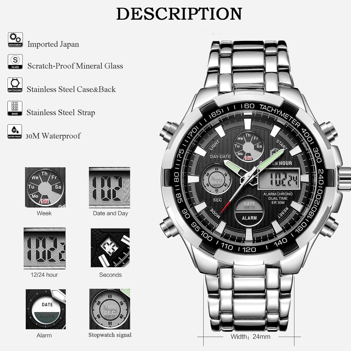 HOTGOLDEN HOUR Luxury Stainless Steel Analog Digital Watches for Men Male Outdoor Sport Waterproof Big Heavy Wristwatch