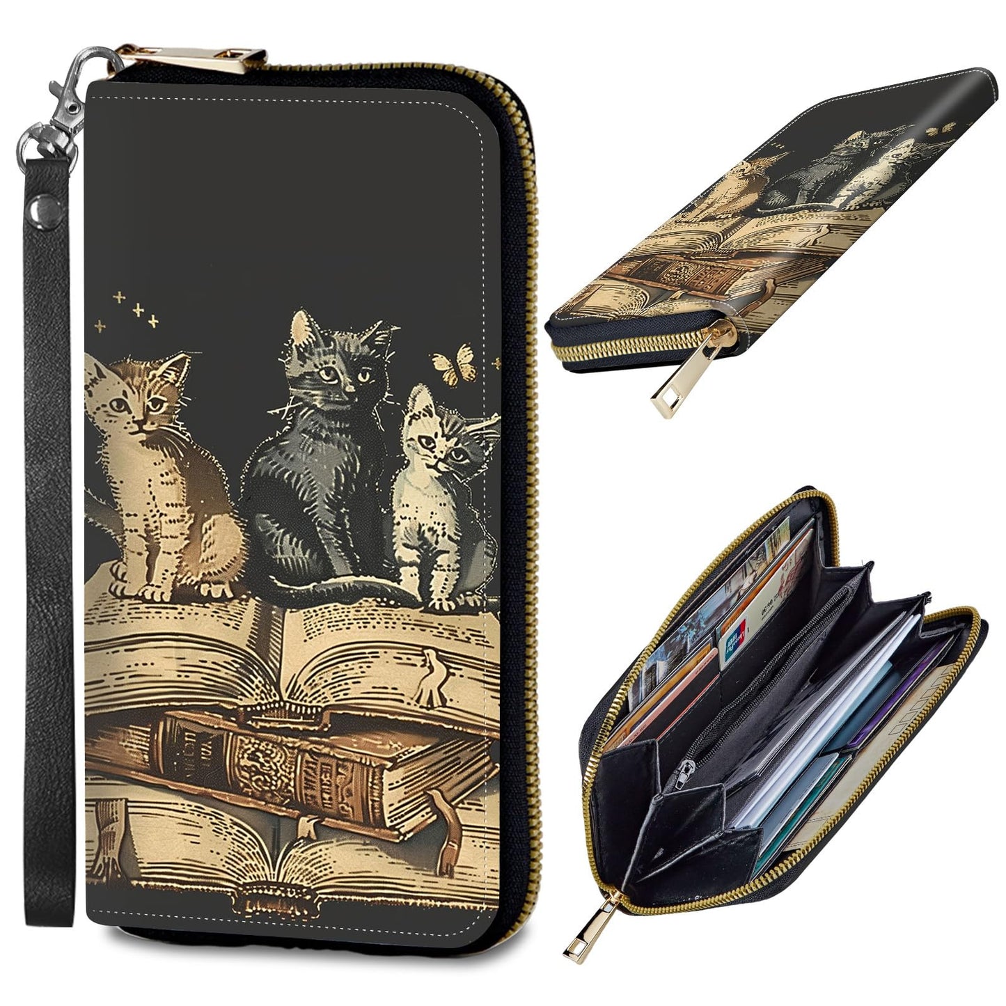 HOTWomens Wallet, PU Leather RFID Cute Wristlet Wallets for Girls Women Ladies Purse Large Credit Card Clutch Purse Card Holder Coin Pocket Travel Wallets with Zipper, Art Black Cat