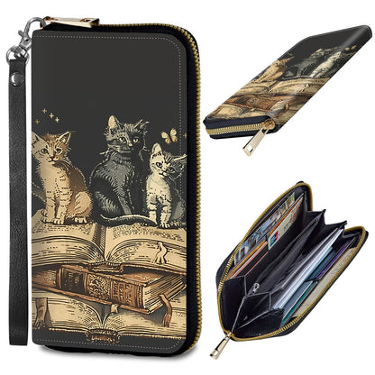 HOTWomens Wallet, PU Leather RFID Cute Wristlet Wallets for Girls Women Ladies Purse Large Credit Card Clutch Purse Card Holder Coin Pocket Travel Wallets with Zipper, Art Black Cat