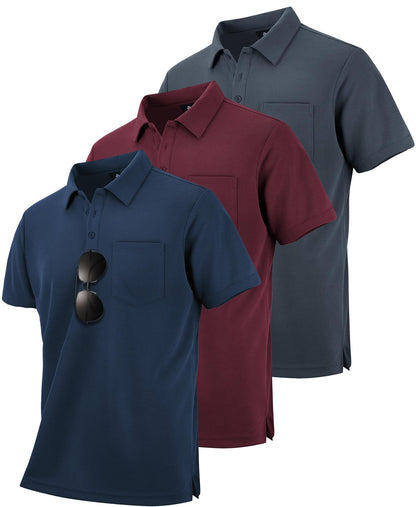 HOTZITY Men's 3 Pack Polo Shirts Short Sleeve with Pocket Moisture Wicking Casual Work Golf Lightweight Collared T-Shirts
