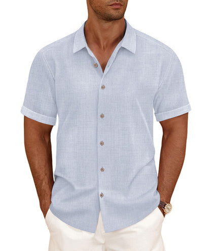 HOTCURBODO Linen Blend Shirts for Men Casual Short Sleeve Button Down Shirt Cool Summer Beach Wedding Vacation Tops