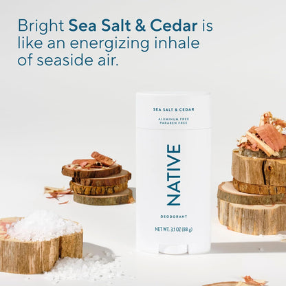 HOTNative Aluminum Free Deodorant, Sea Salt & Cedar, Large Size Stick, 72 Hour Odor Control, for Women & Men, Contains Naturally Derived Ingredients, 3.1 oz