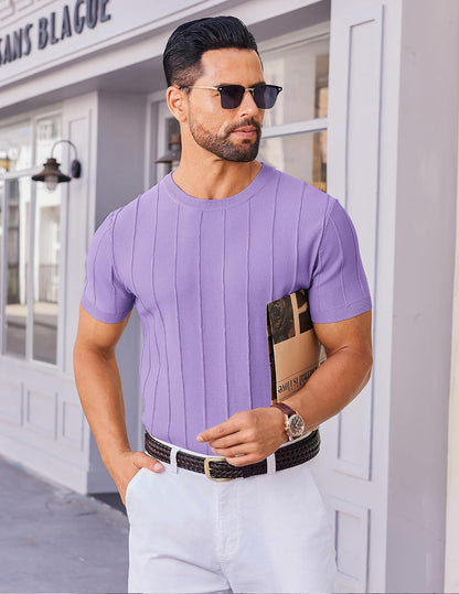HOTCOOFANDY Men's T- Shirts Short Sleeve Knit Sweater Shirt Casual Crewneck Ribbed Pullover Tees