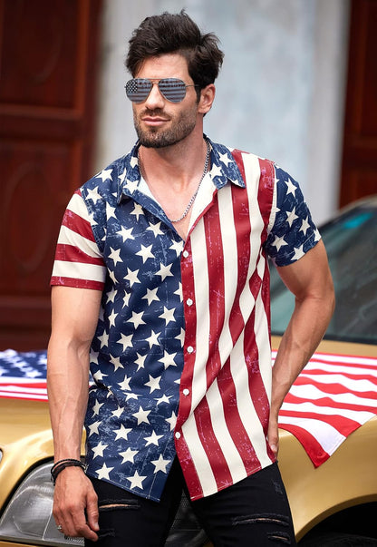 HOTArvilhill Men American Flag Button Shirt 4th of July Short Sleeve Shirts (S-3XL)