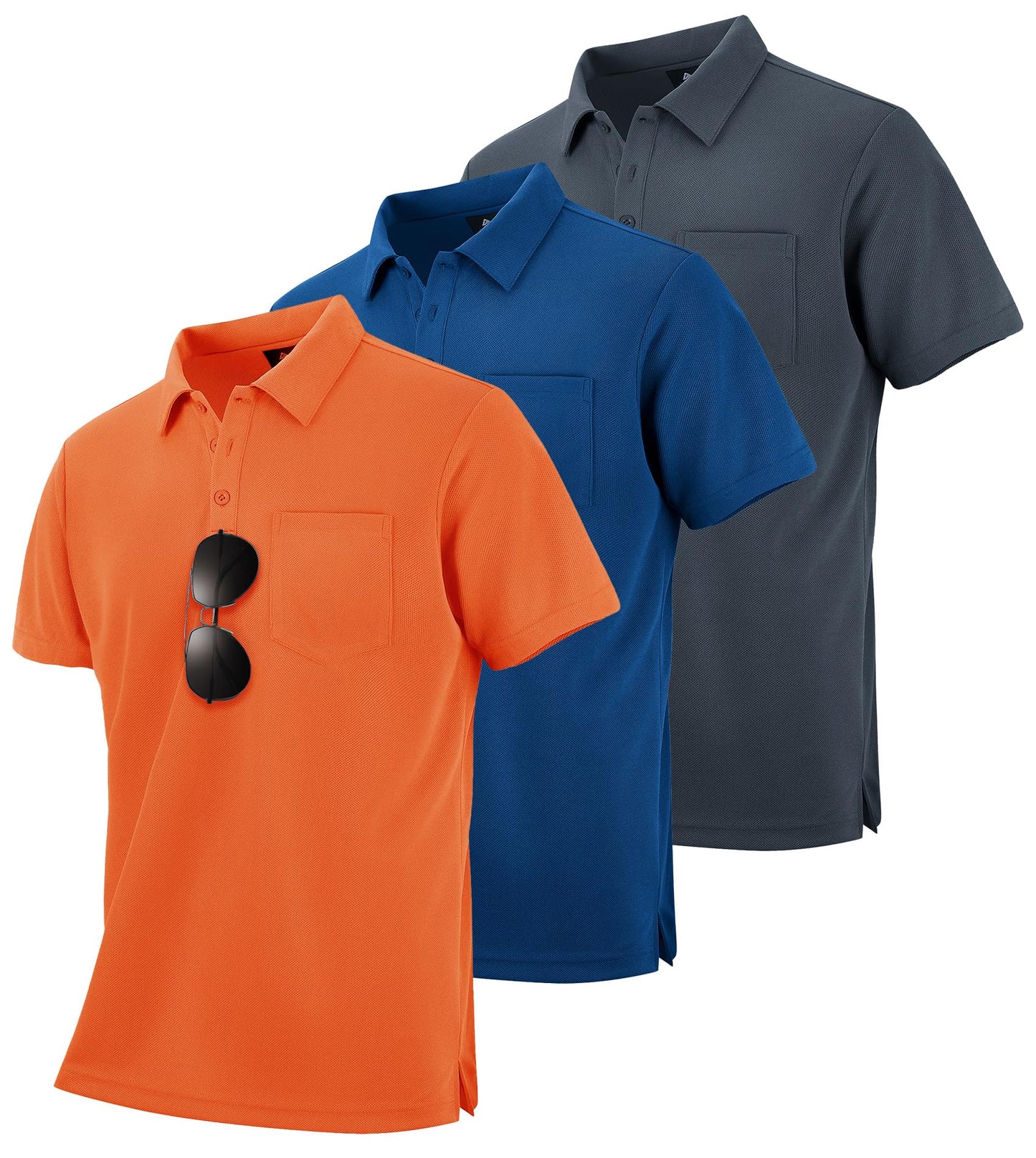 HOTZITY Men's 3 Pack Polo Shirts Short Sleeve with Pocket Moisture Wicking Casual Work Golf Lightweight Collared T-Shirts