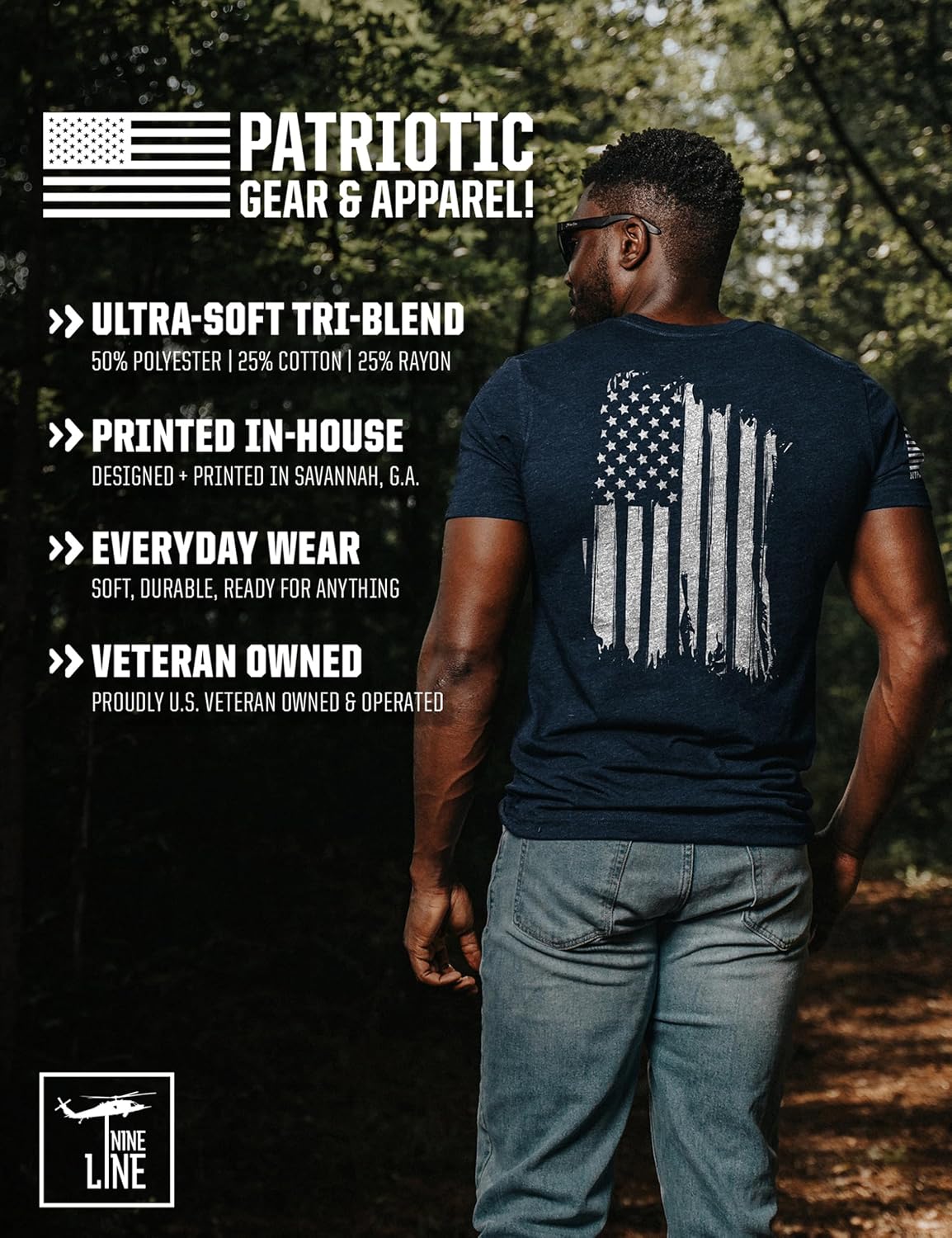 HOTNine Line American Flag T-Shirt for Men, USA Made Patriotic Shirt | Military Veteran Shirt, Freedom Shirt, 9 Line Apparel, America