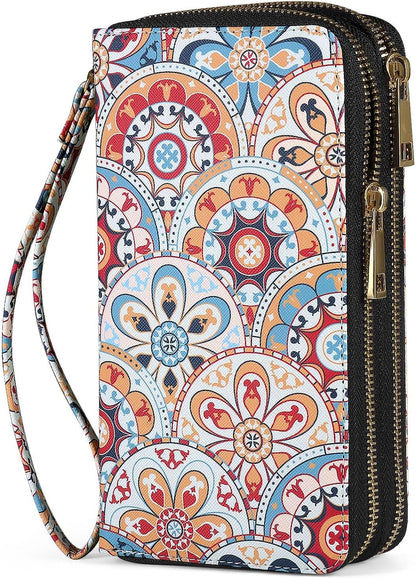 HOTRFID Blocking Cellphone Wallet for Women with Removable Strap, Double Zipper Wristlet Bag Large Capacity, Ladies Travel Clutch Purse, Artistic Flower