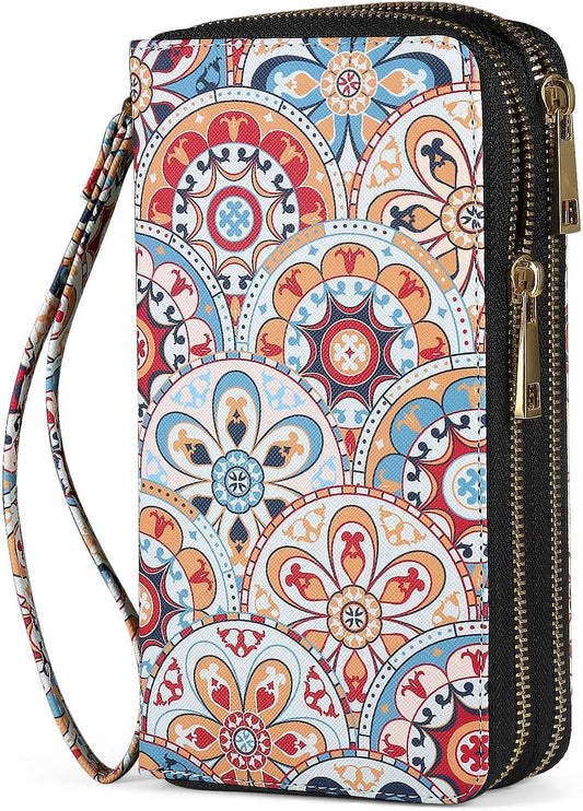 HOTRFID Blocking Cellphone Wallet for Women with Removable Strap, Double Zipper Wristlet Bag Large Capacity, Ladies Travel Clutch Purse, Artistic Flower