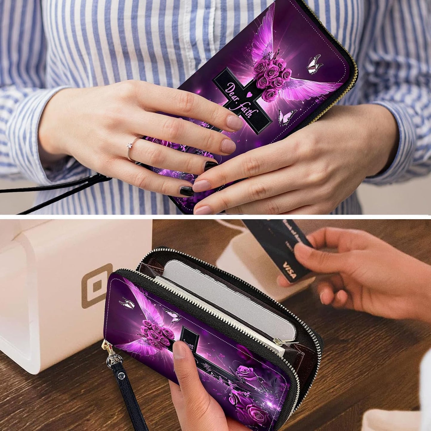 HOTWristlet Wallets for Women,Ladies Women's Wallet,Clutch Purses for Female Leather Large Capacity Credit Card Holder with Zipper Slim Cute Coin Pocket,RFID Blocking,Cross Purple Flower
