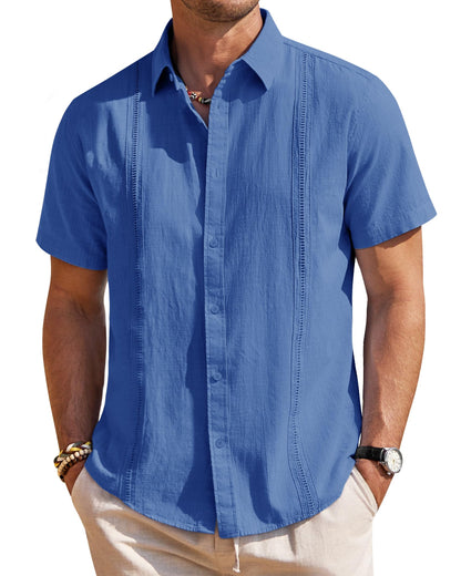 HOTMens Linen Textured Shirt Short Sleeve Button Down Cuban Guayabera Shirt | 100% Cotton, Casual Wear, Lightweight Breathable, Summer Beach, Untucked, Relaxed Fit, Vacation, Cruise, Camp, Collared