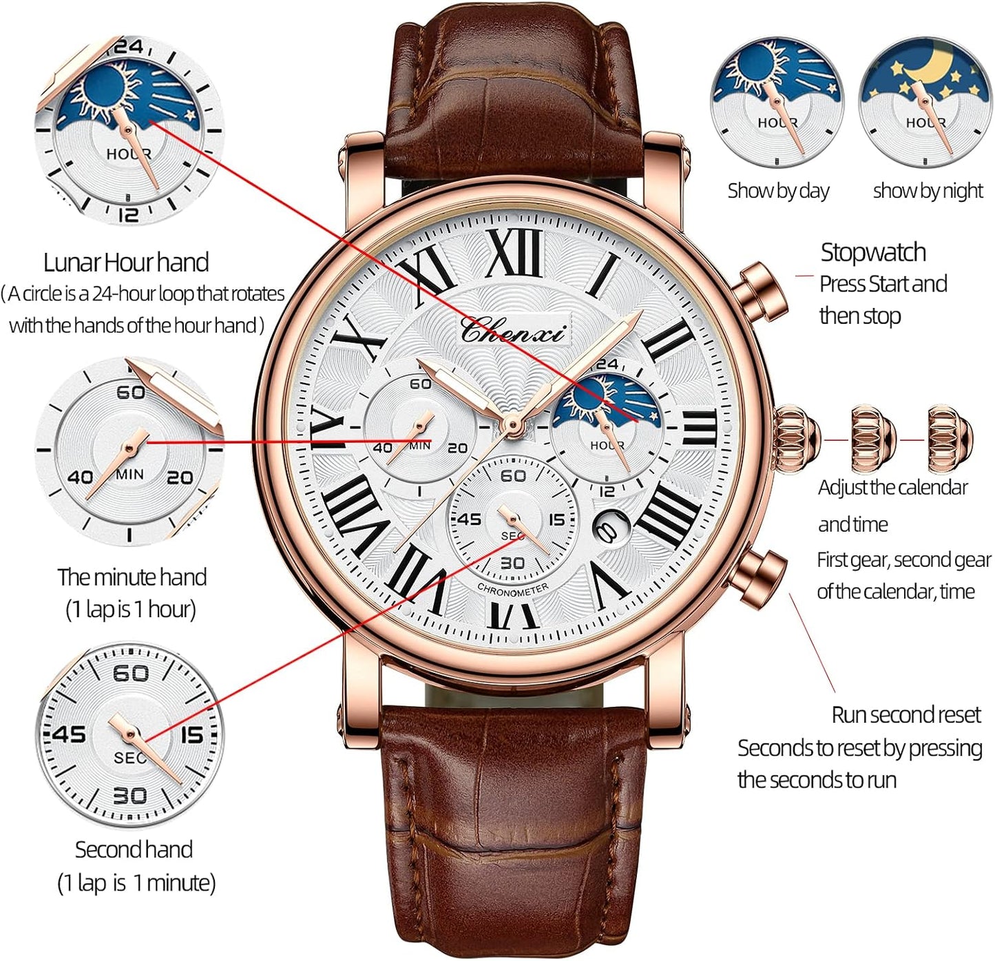 HOTFANMIS Men's Classic Watches Multifunctional Analog Watch Business Dress Waterproof Luminous Chronograph Starry Sky Moon Phase Leather Wristwatch