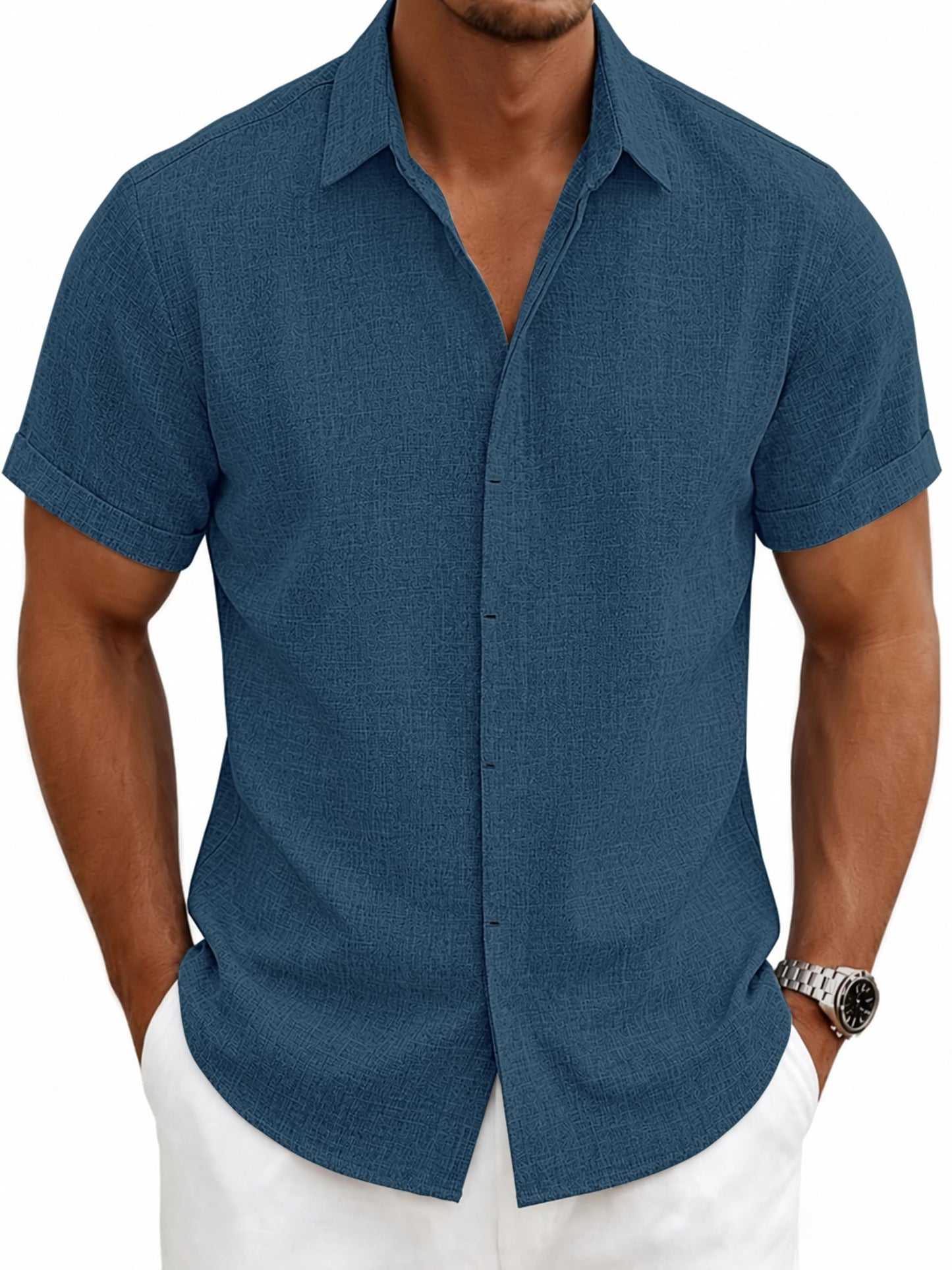 HOTMens Linen Shirts Short Sleeve Casual Shirt Button Down Summer Beach Vacation Tops Men Casual Dress Shirts Breathable
