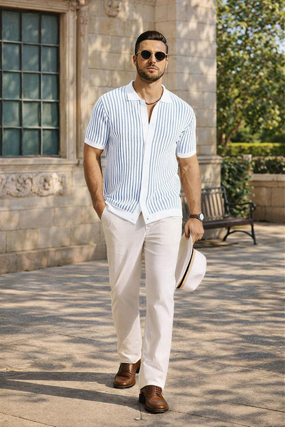 HOTCOOFANDY Mens Knit Button Down Shirts Short Sleeve Polo Shirt Vintage Striped Casual Shirts