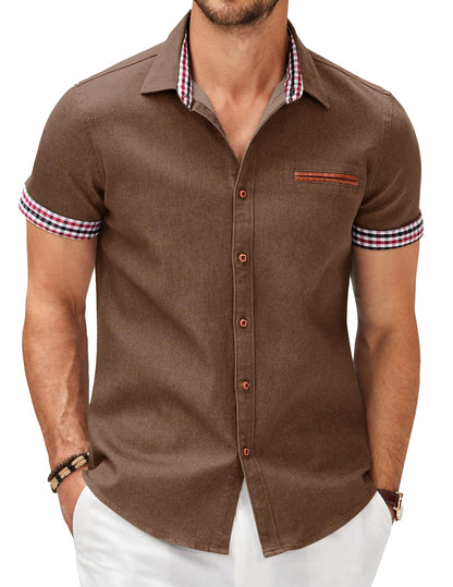 HOTCOOFANDY Men's Cotton Casual Short Sleeve Button Down Shirt Plaid Collar Denim Work Shirts