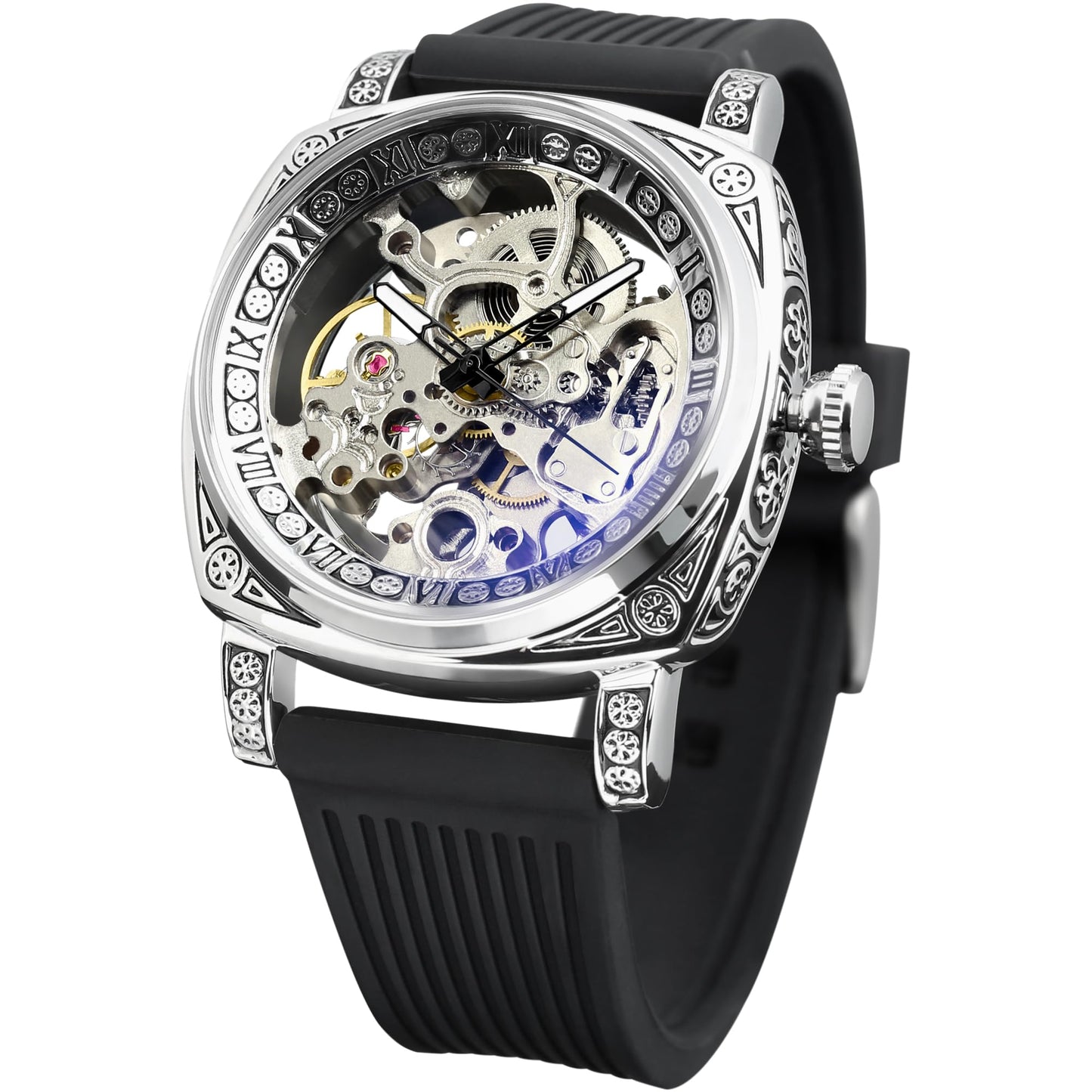 HOTFORSINING Watches for Man, Square Retro Mechanical Watch Self-Wind Carved, Skeleton Automatic Watches Vintage Leather Strap Wristwatch
