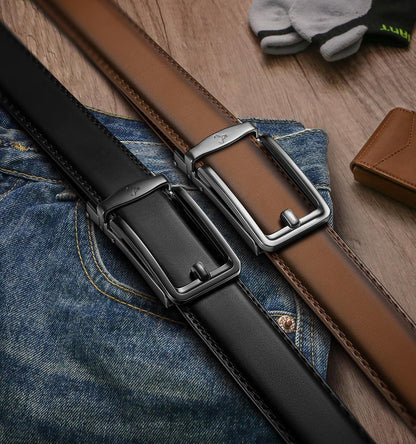 HOTBULLIANT Men Ratchet Belt 2 Pack, Click Sliding Leather Belt Adjustable for Gift Men Dress Casual Jeans 1 3/8,Cut for Fit