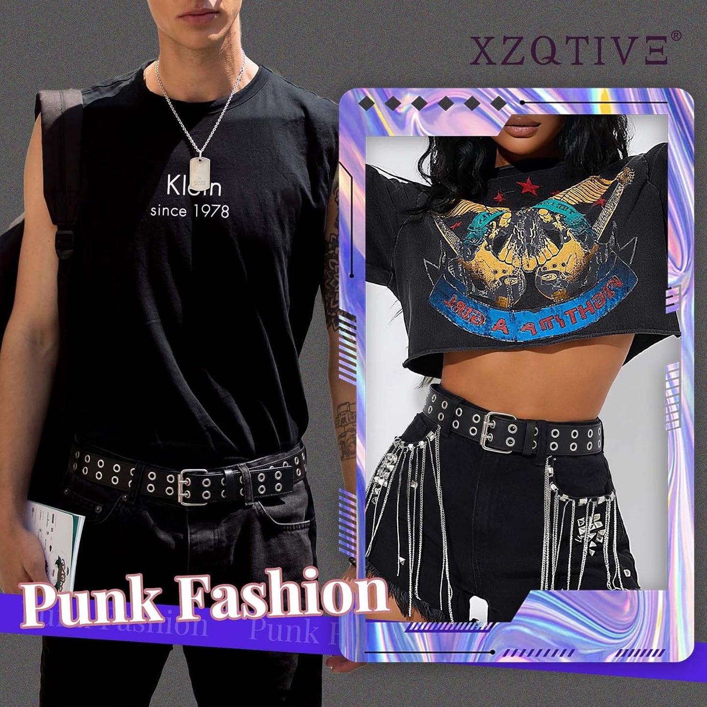 HOTXZQTIVE Double Grommet PU Leather Belt for Women Men Punk metal Jean Belt Wide 1.5 Inch