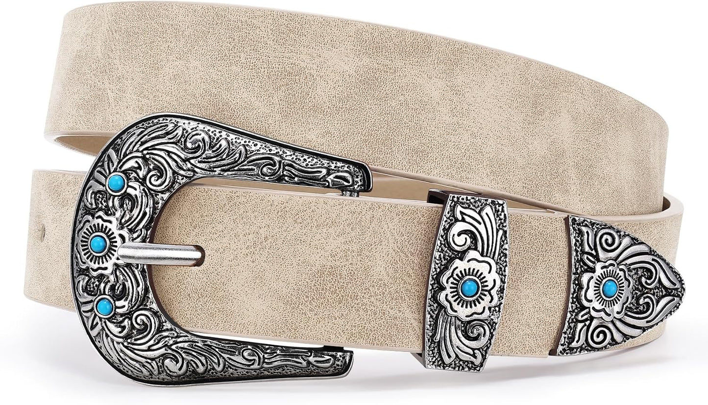 HOTXZQTIVE Western Belt for Women, Cowgirl Cowboy Suede Leather Belt for Jeans Pants, Country Belts with Vintage Buckle